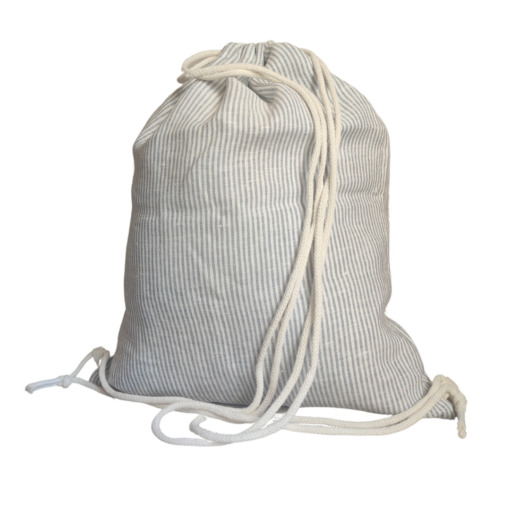 Cuore di lino Zainetto con Coulisse 100% Lino - Made in Italy - Righine Bianche e Grigio Chiaro