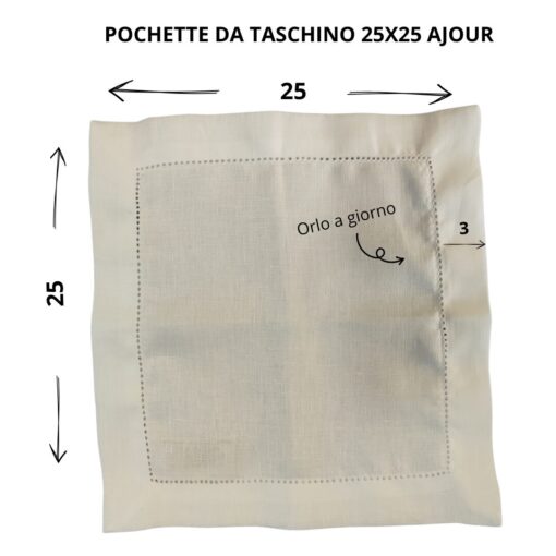 Cuore di lino - Fazzoletto da Taschino in Lino Bianco Panna con Orlo Ajour 25x25 Made in Italy - immagine 6
